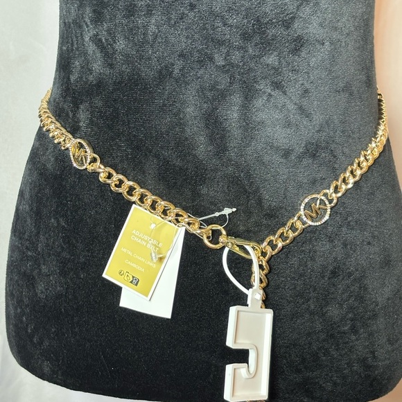 MICHAEL Michael Kors Gold-Tone Bling MK Stone Link Belt Size L/XL - Picture 1 of 9